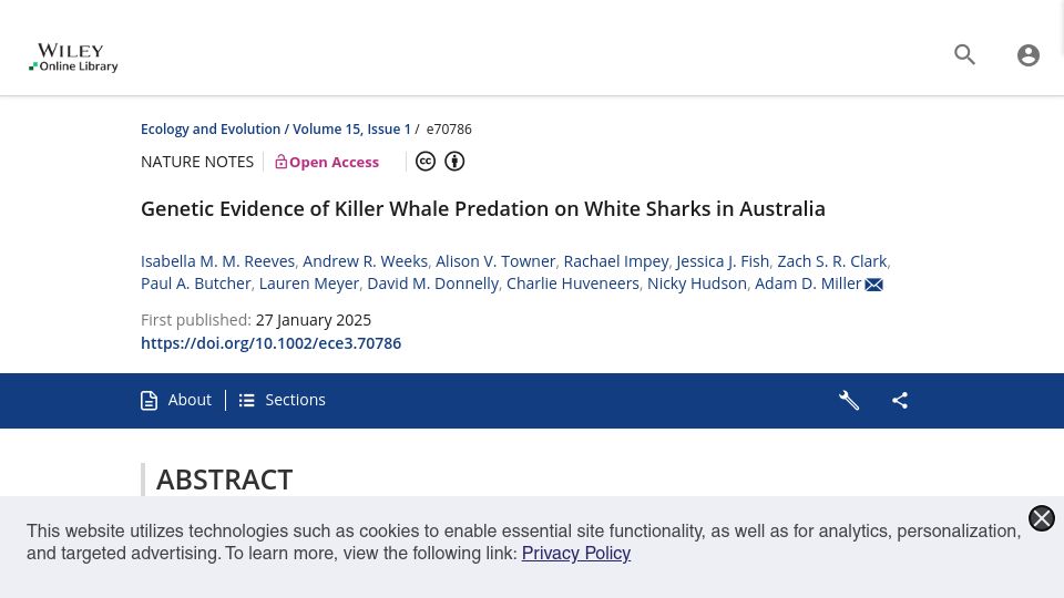 Screenshot of onlinelibrary.wiley.com: Genetic Evidence of Killer Whale Predation on White Sharks in Australia