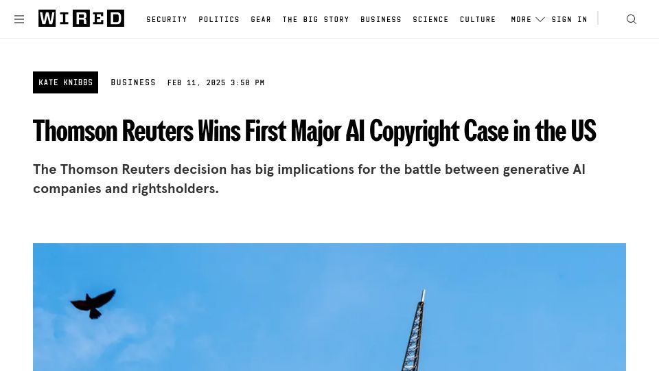 Screenshot of wired.com: Thomson Reuters wins first major AI copyright case in the US