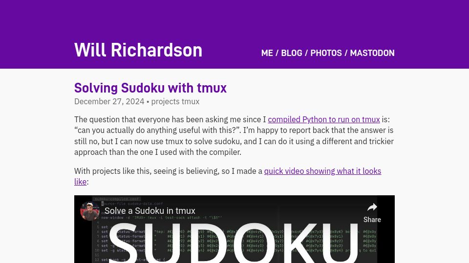 Screenshot of willhbr.net: Solving Sudoku with Tmux