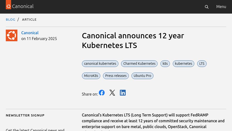 Screenshot of canonical.com: Canonical announces 12 year Kubernetes LTS
