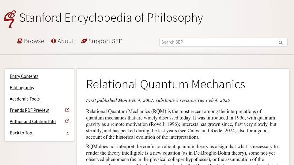 Screenshot of plato.stanford.edu: Relational Quantum Mechanics