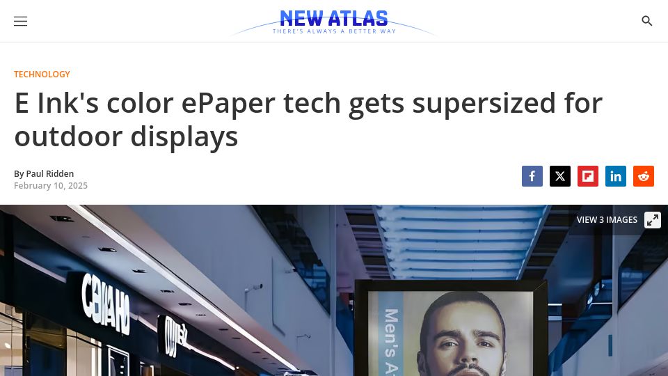 Screenshot of newatlas.com: E Ink’s color ePaper tech gets supersized for outdoor displays