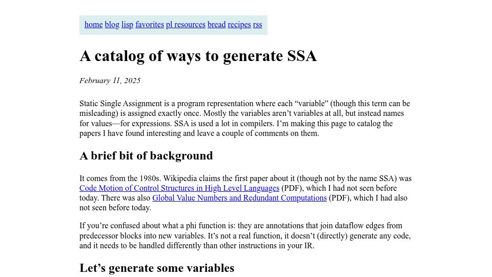 Screenshot of bernsteinbear.com: Ways to generate SSA