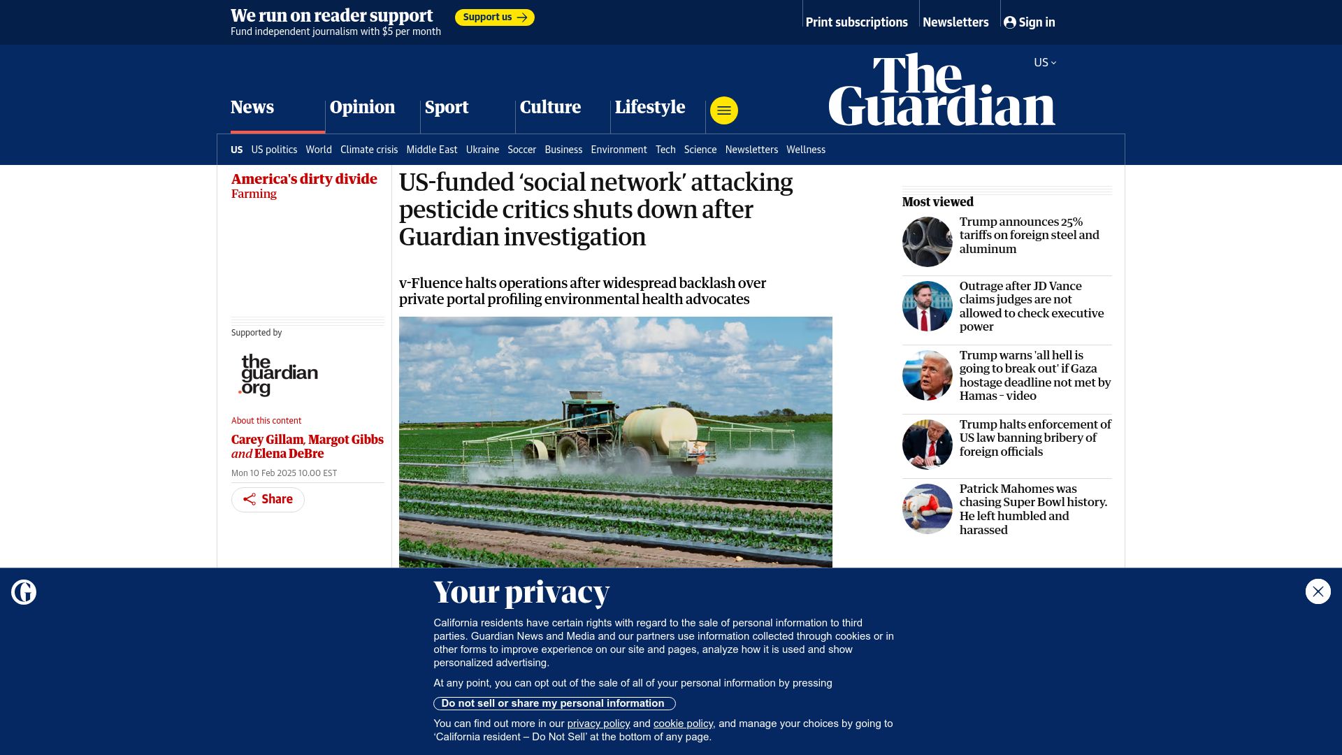 Screenshot of theguardian.com: 'social network' attacking pesticide critics shuts down after investigation
