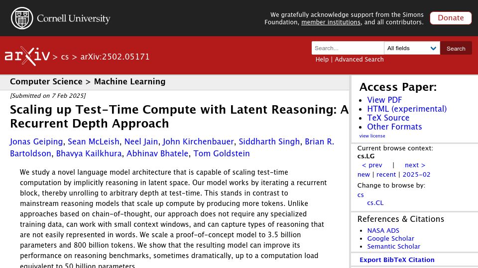 Screenshot of arxiv.org: Scaling up test-time compute with latent reasoning: A recurrent depth approach