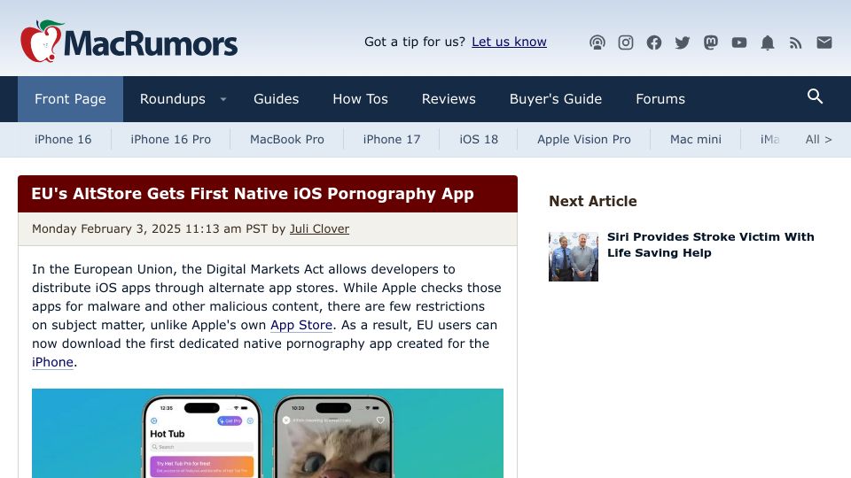 Screenshot of macrumors.com: EU's AltStore Gets First Native iOS Pornography App