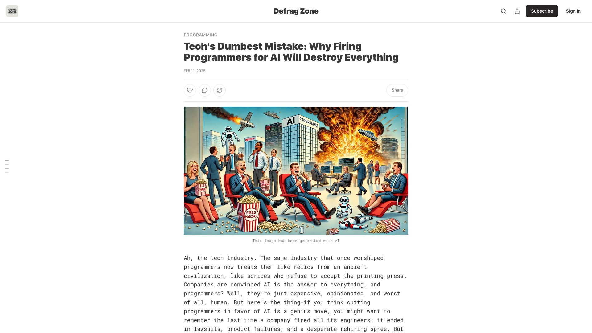 Screenshot of defragzone.substack.com: Firing programmers for AI is a mistake