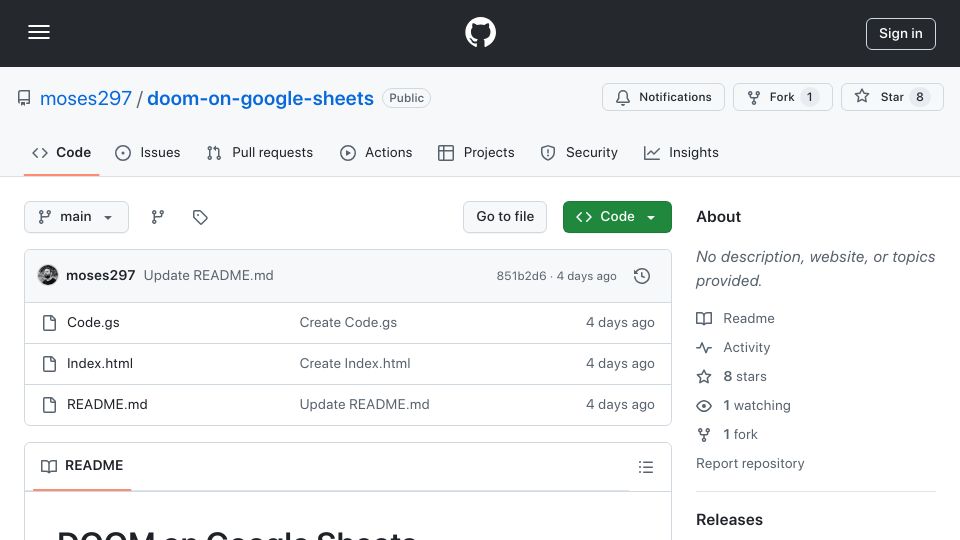 Screenshot of github.com: Run Doom on Google Sheets