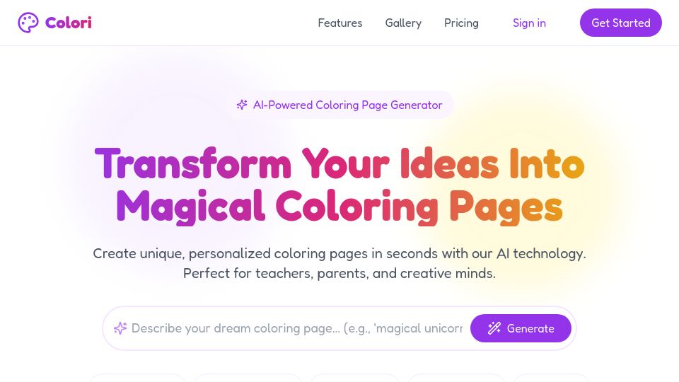 Screenshot of colori.io: Show HN: I built an AI coloring page generator