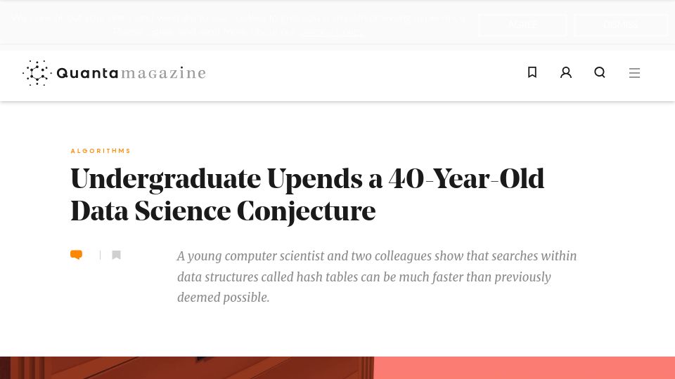 Screenshot of quantamagazine.org: Undergraduate shows that searches within hash tables can be much faster