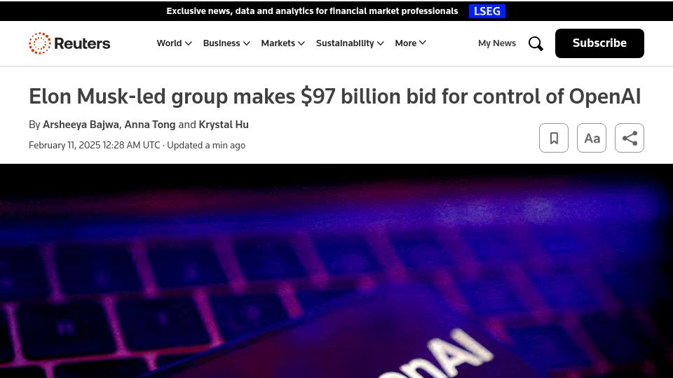 Screenshot of reuters.com: Musk-led group makes $97B bid for control of OpenAI