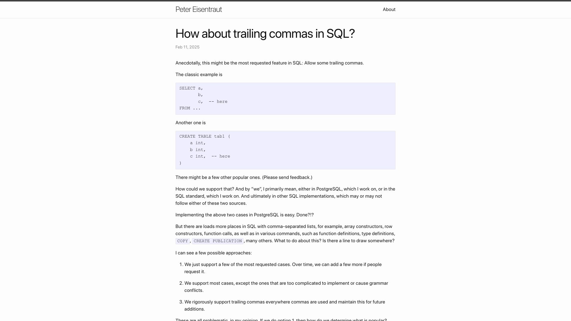 Screenshot of peter.eisentraut.org: How about trailing commas in SQL?
