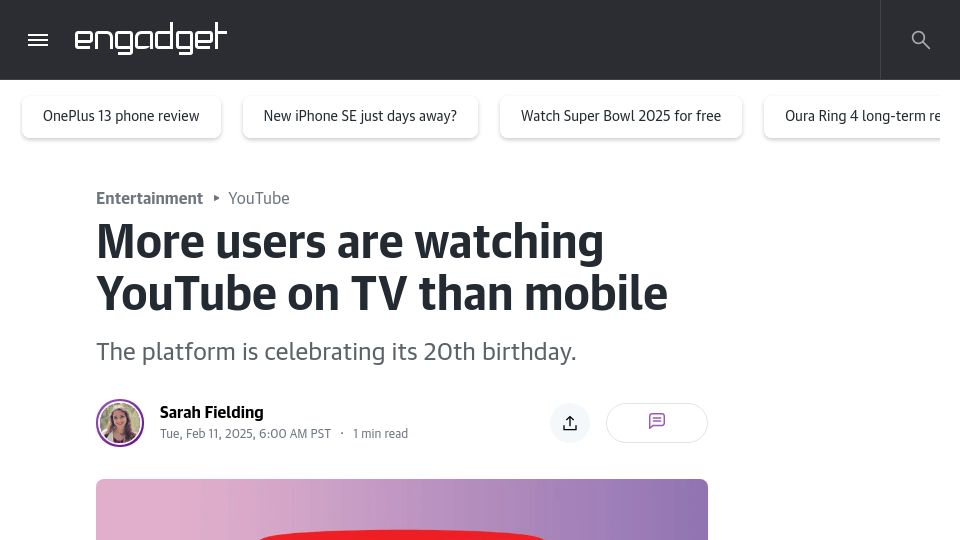 Screenshot of engadget.com: More users are watching YouTube on TV than mobile