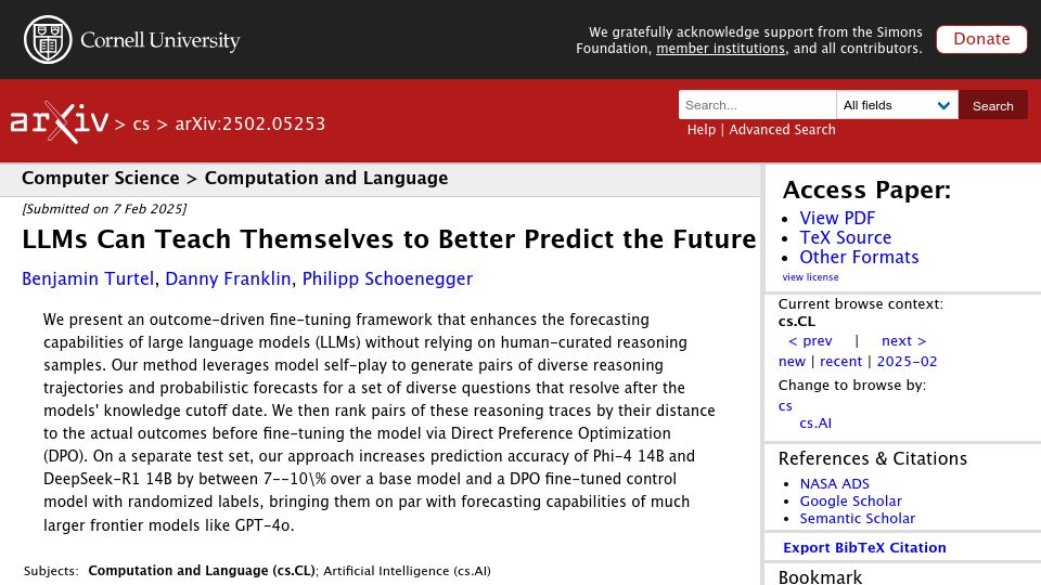 Screenshot of arxiv.org: LLMs can teach themselves to better predict the future