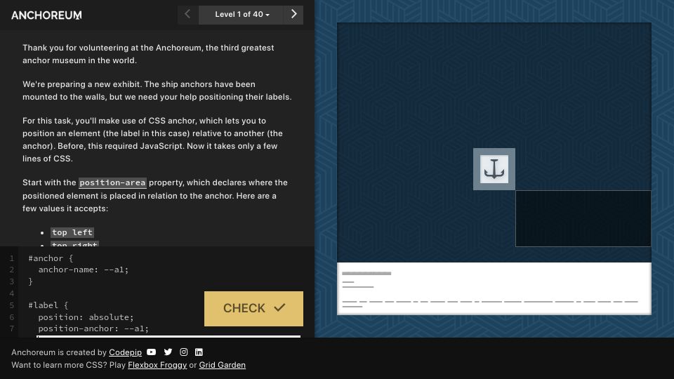 Screenshot of anchoreum.com: Anchoreum: A game for learning CSS anchor positioning