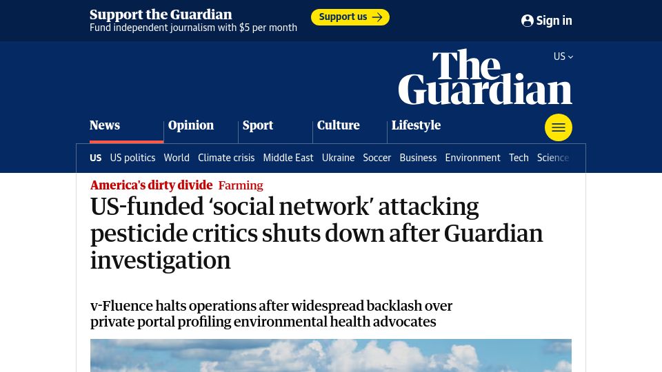 Screenshot of theguardian.com: 'social network' attacking pesticide critics shuts down after investigation