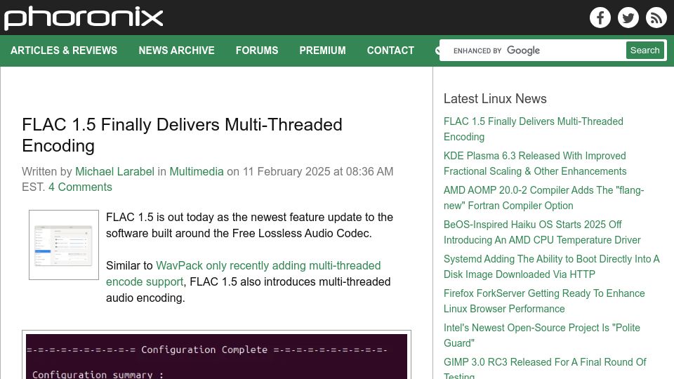 Screenshot of phoronix.com: FLAC 1.5 Delivers Multi-Threaded Encoding