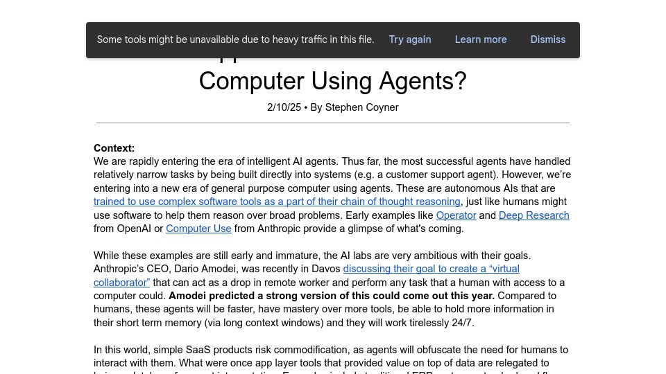 Screenshot of docs.google.com: What happens to SaaS in a world with computer-using agents?