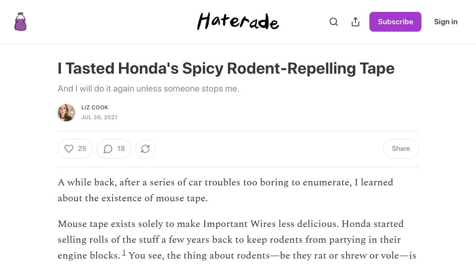 Screenshot of haterade.substack.com: I tasted Honda’s spicy rodent-repelling tape and I will do it again (2021)