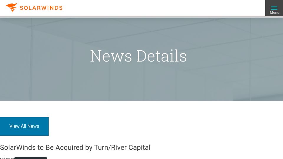 Screenshot of investors.solarwinds.com: SolarWinds to Be Acquired by Turn/River Capital