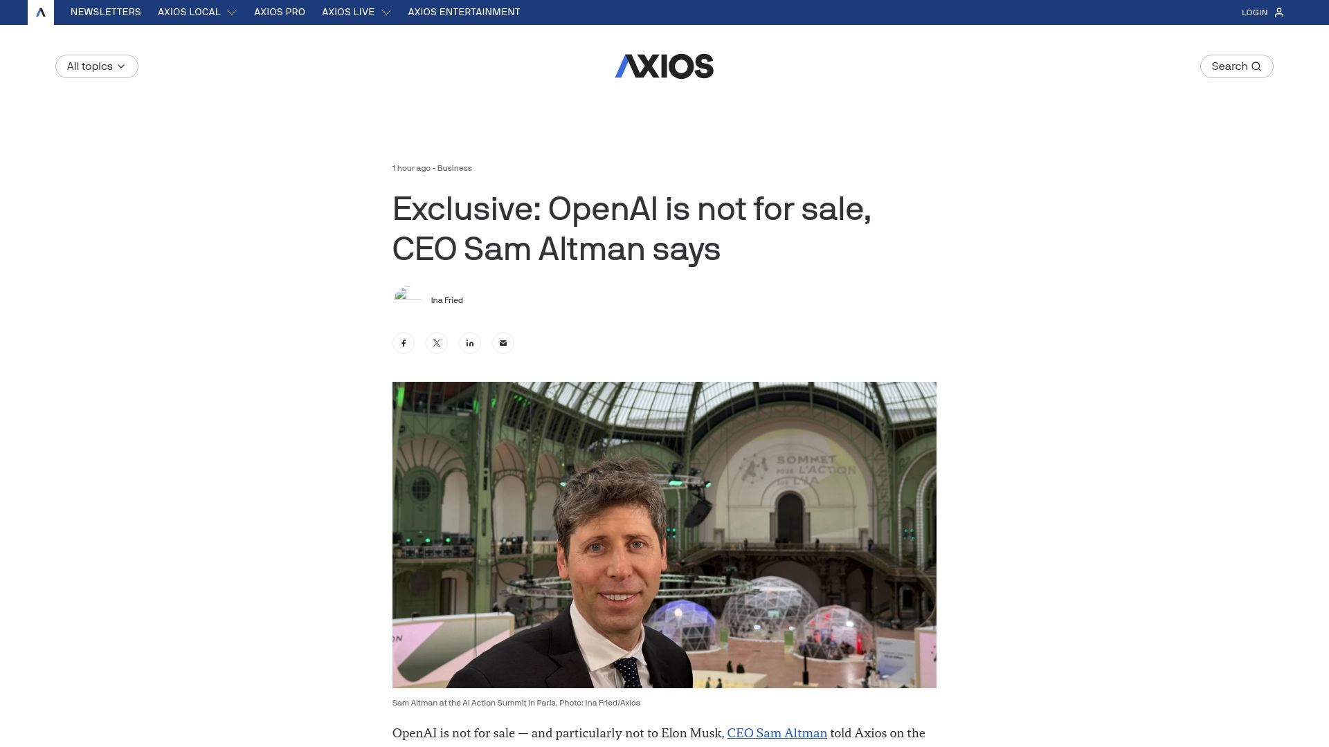 Screenshot of axios.com: Altman: OpenAI not for sale, especially to competitor who is not able to beat us