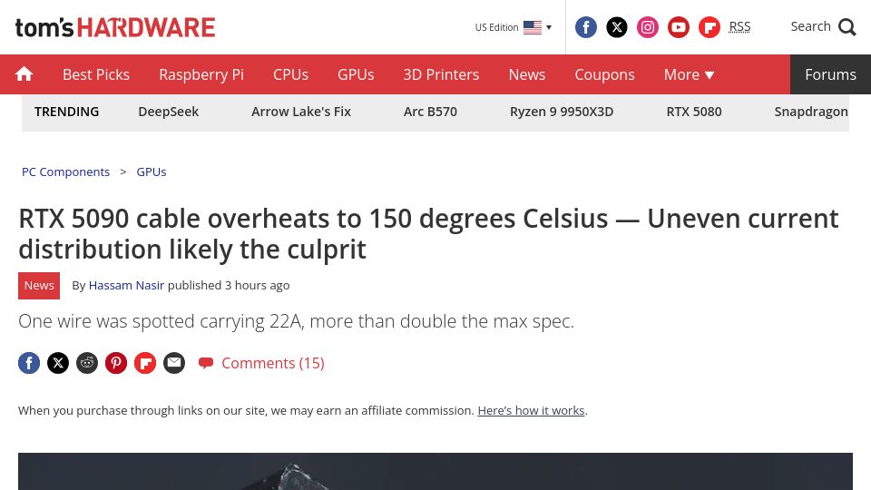Screenshot of tomshardware.com: RTX 5090 cable overheats to 150 degrees Celsius