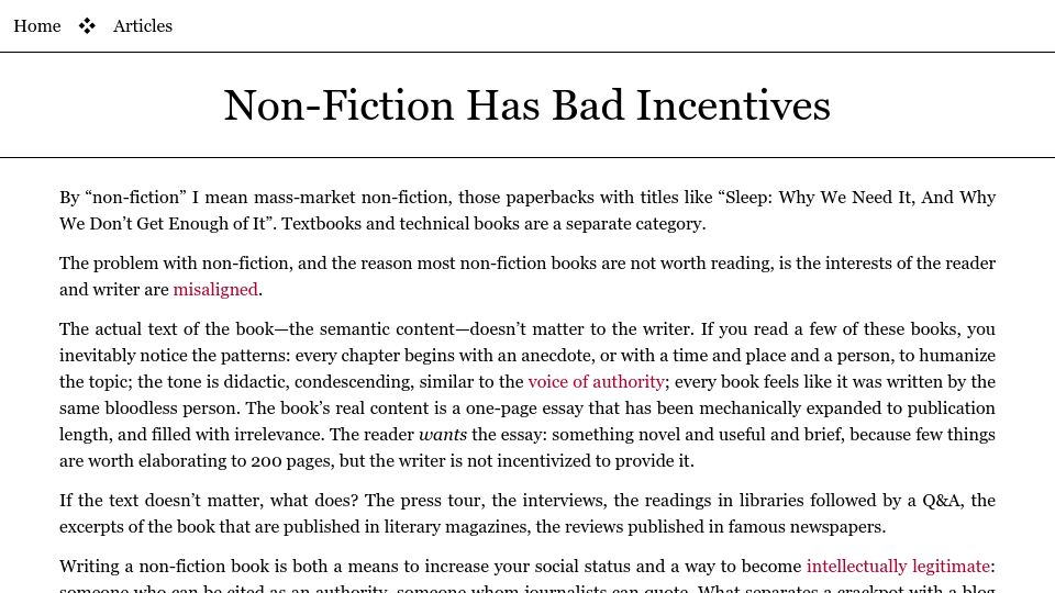 Screenshot of borretti.me: Mass market non-fiction has bad incentives
