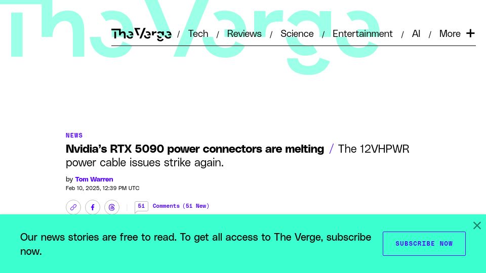Screenshot of theverge.com: Nvidia's RTX 5090 power connectors are melting