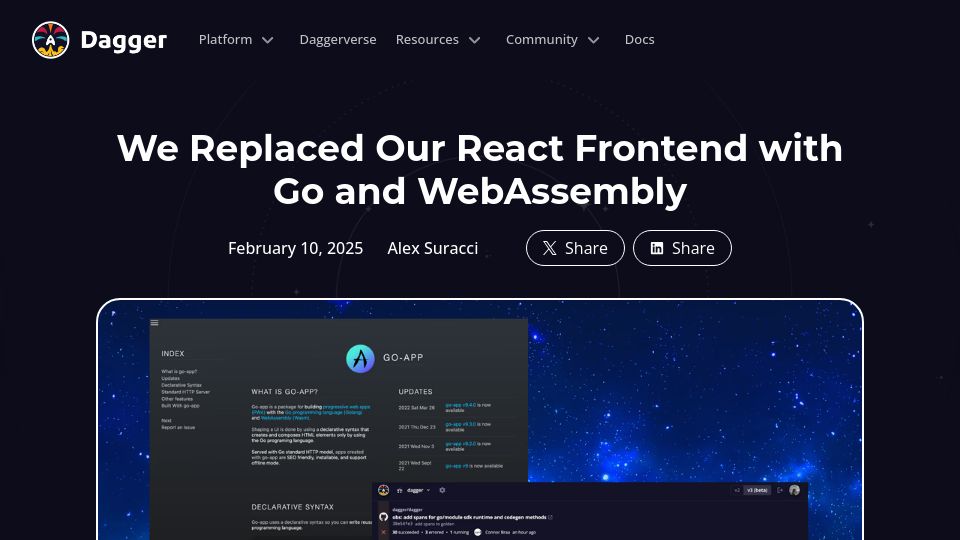Screenshot of dagger.io: We replaced our React front end with Go and WebAssembly
