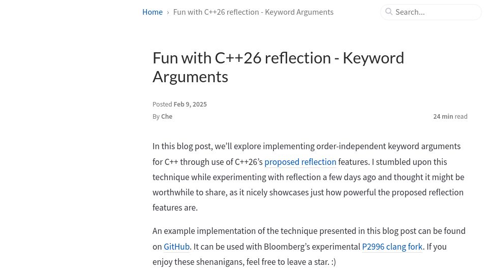 Screenshot of pydong.org: Fun with C++26 reflection: Keyword Arguments