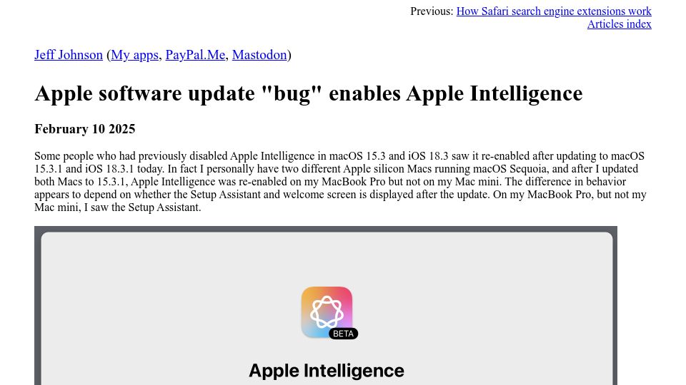 Screenshot of lapcatsoftware.com: Apple software update "bug" enables Apple Intelligence