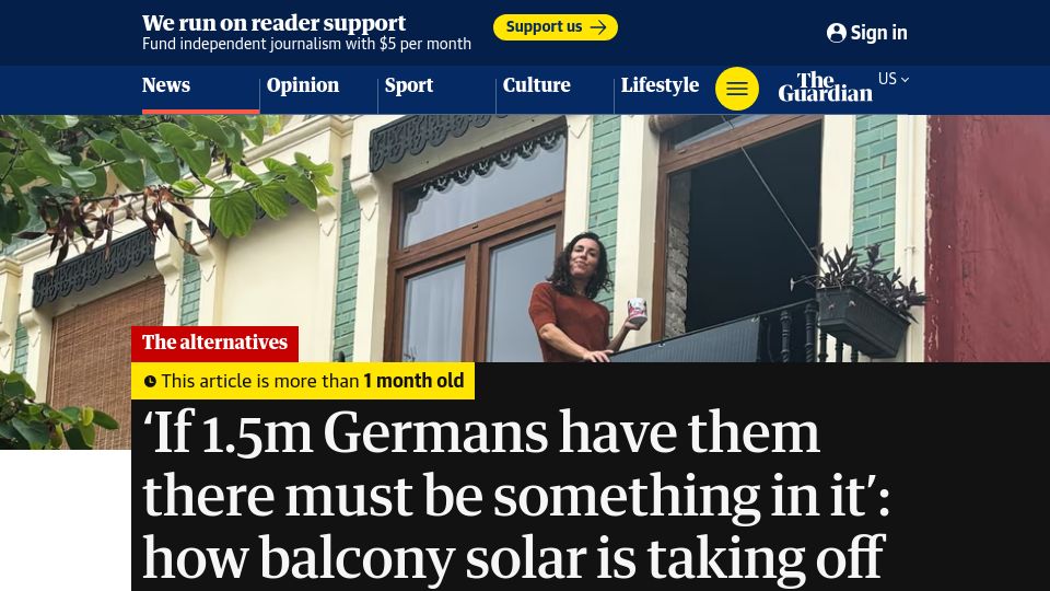 Screenshot of theguardian.com: Balcony solar is taking off