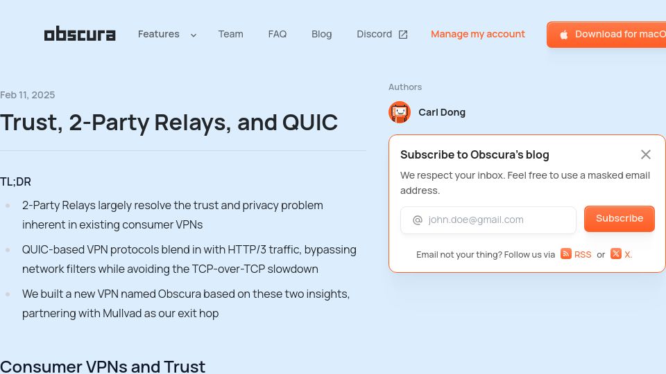 Screenshot of obscura.net: Trust, 2-Party Relays, and QUIC