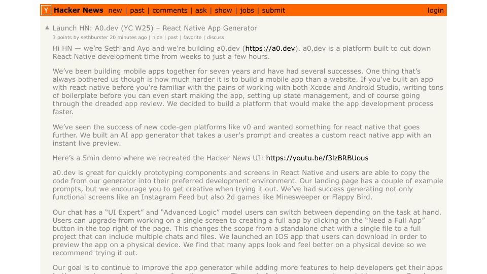 Screenshot of Hacker News post: Launch HN: A0.dev (YC W25) – React Native App Generator