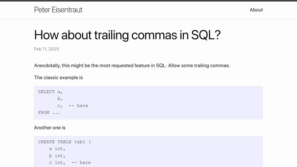 Screenshot of peter.eisentraut.org: How about trailing commas in SQL?