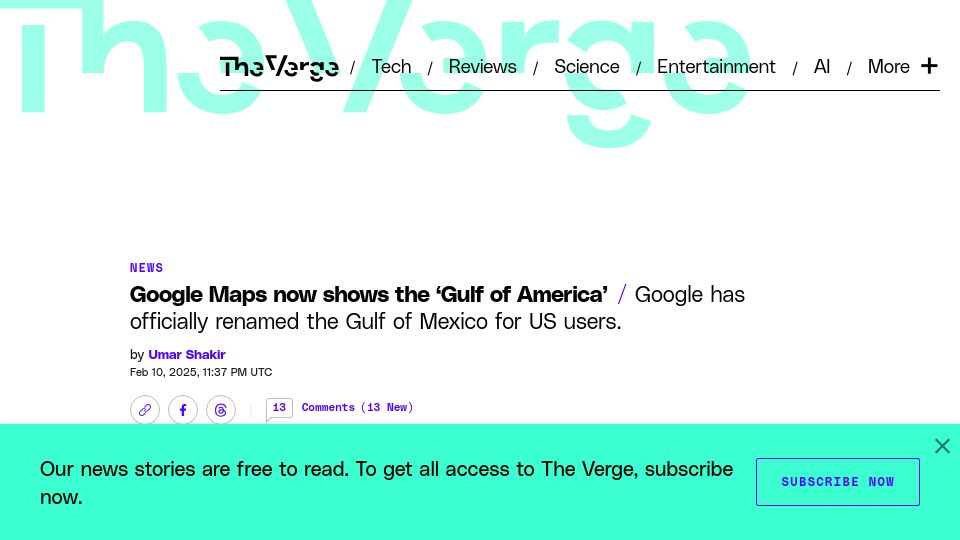 Screenshot of theverge.com: Google Maps now shows the 'Gulf of America'
