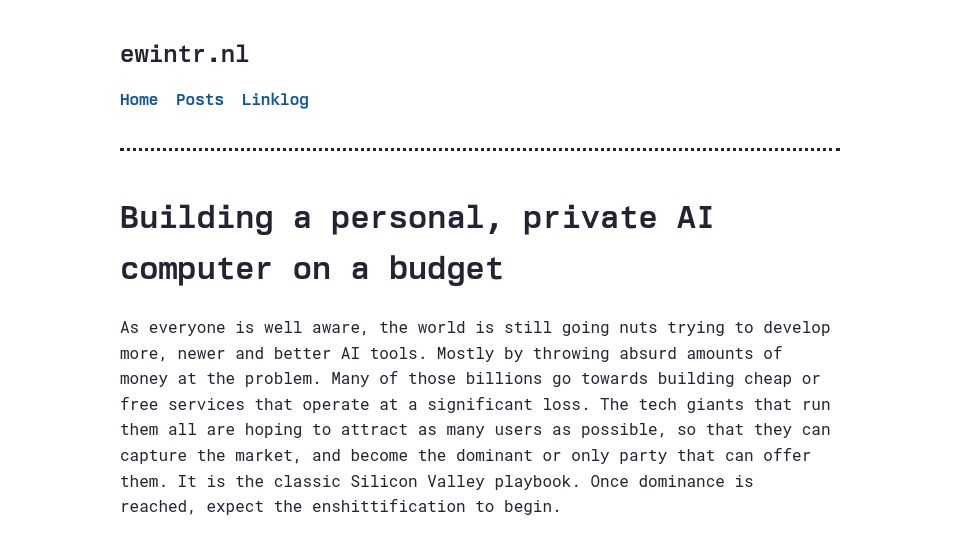 Screenshot of ewintr.nl: Building a personal, private AI computer on a budget