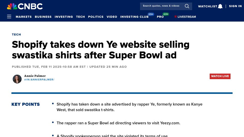 Screenshot of cnbc.com: Shopify takes down Ye website selling swastika shirts after Super Bowl ad