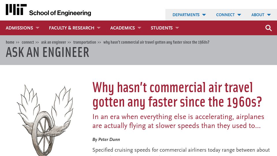Screenshot of engineering.mit.edu: Why hasn't commercial air travel gotten any faster since the 1960s? (2009)