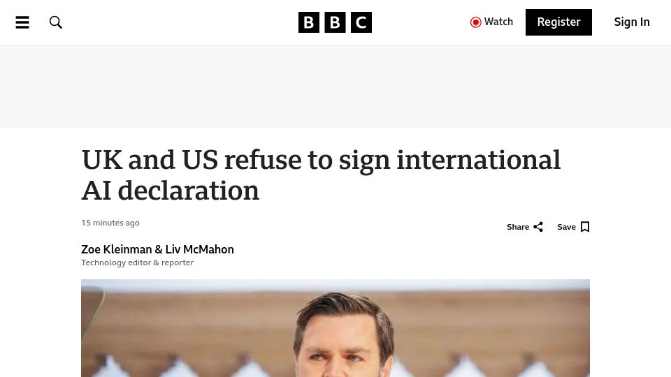 Screenshot of bbc.com: UK and US refuse to sign international AI declaration
