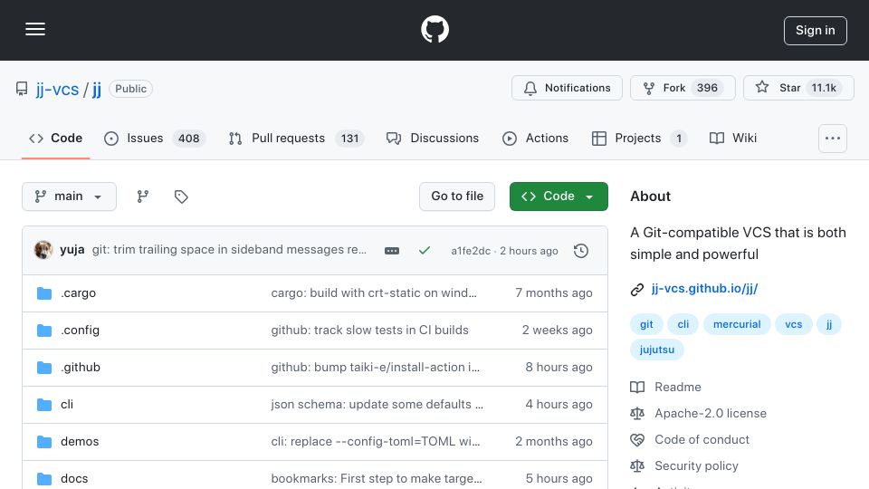 Screenshot of github.com: jj: a Git-compatible VCS that is both simple and powerful