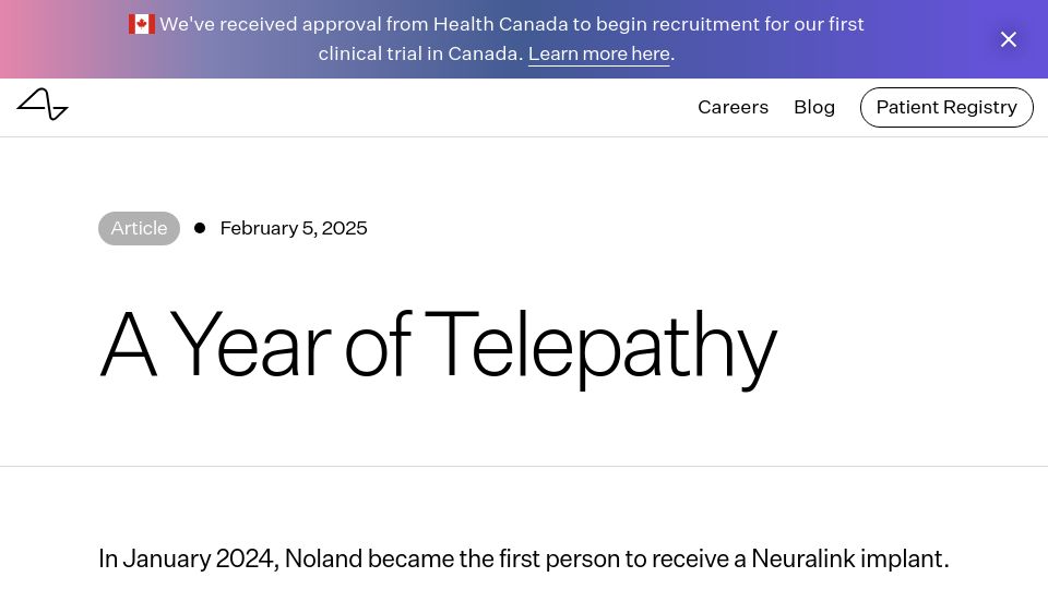Screenshot of neuralink.com: A Year of Telepathy
