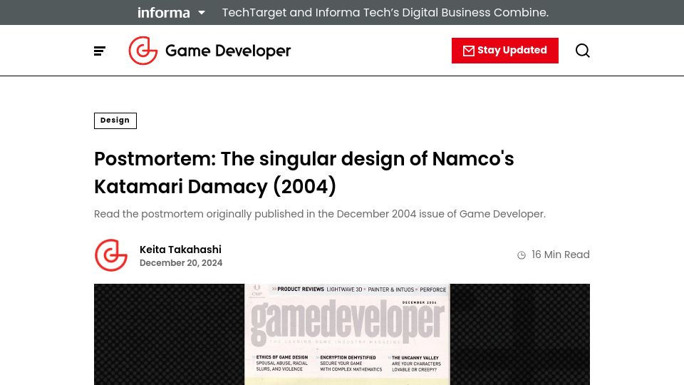 Screenshot of gamedeveloper.com: Postmortem: The singular design of Namco's Katamari Damacy (2004)