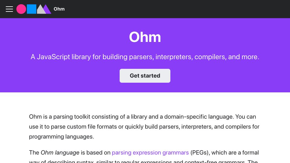Screenshot of ohmjs.org: Ohm: A user-friendly parsing toolkit for JavaScript and TypeScript