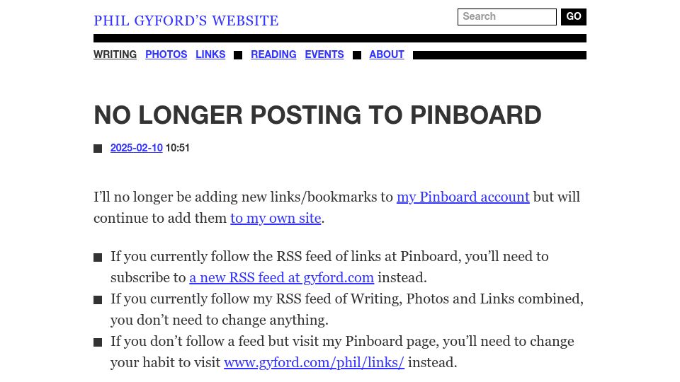 Screenshot of gyford.com: No Longer Posting to Pinboard
