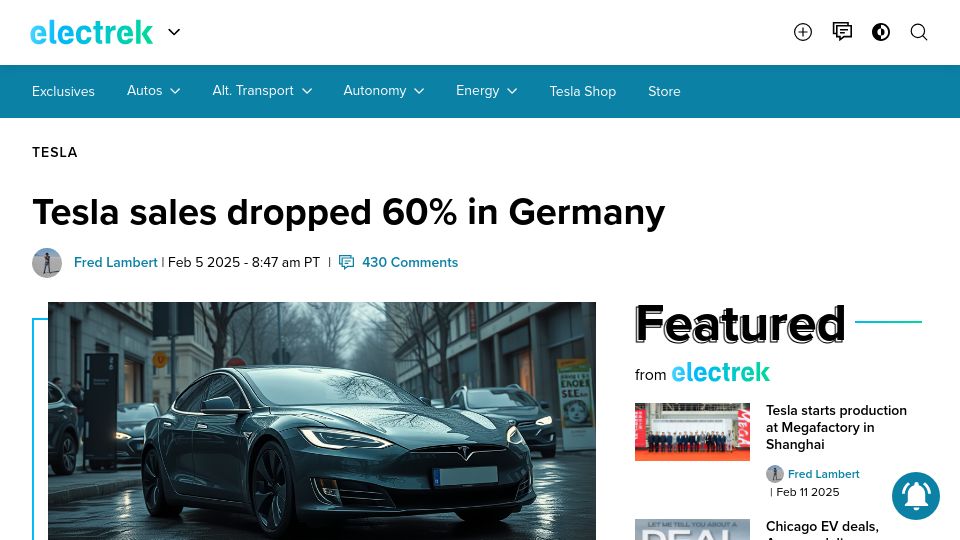 Screenshot of electrek.co: Tesla sales dropped 60% in Germany