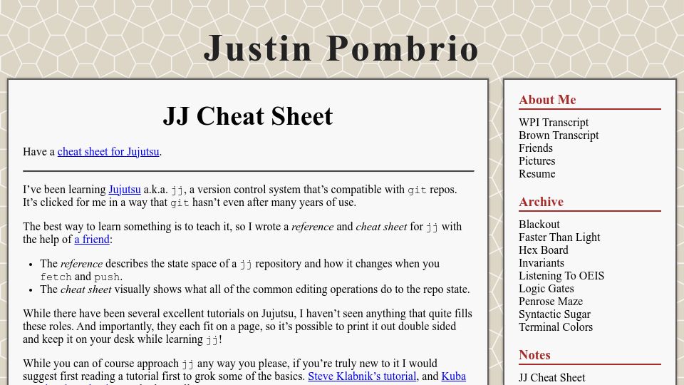 Screenshot of justinpombrio.net: JJ Cheat Sheet