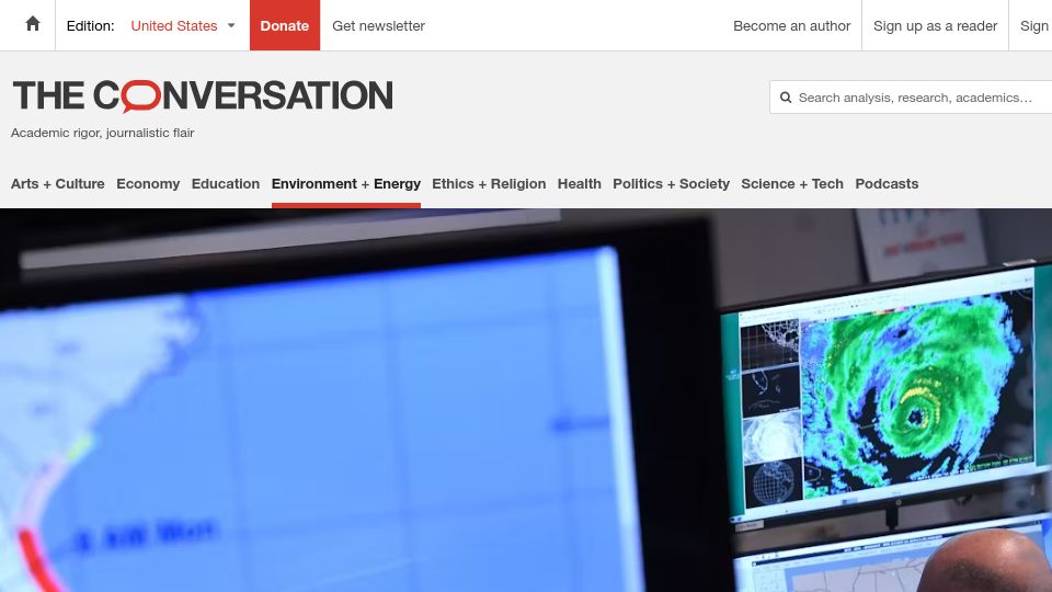 Screenshot of theconversation.com: NOAA's public weather data powers the local forecasts on your phone and TV