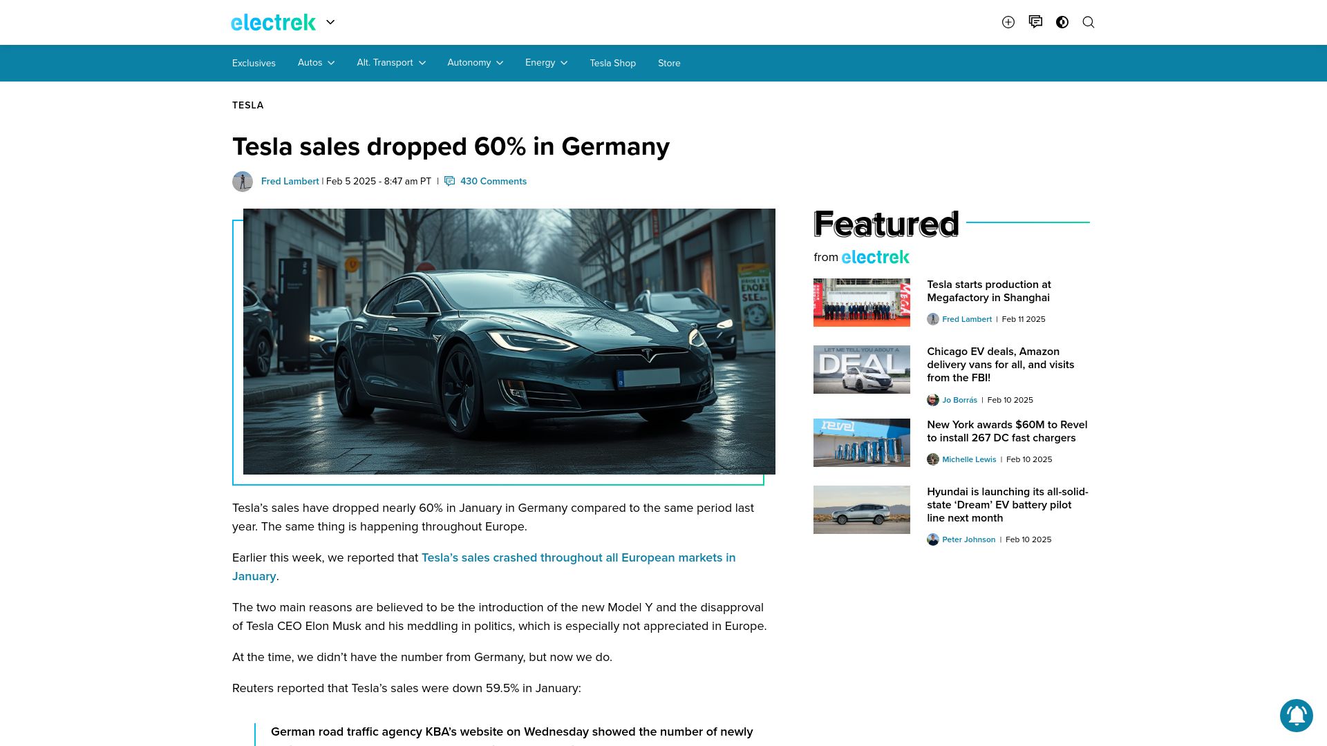 Screenshot of electrek.co: Tesla sales dropped 60% in Germany