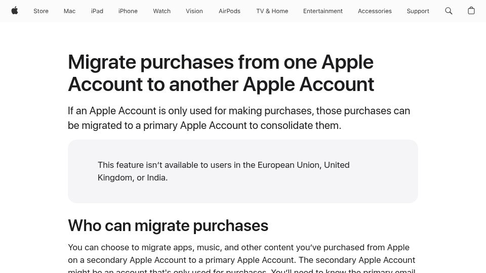 Screenshot of support.apple.com: Migrate purchases from one Apple Account to another